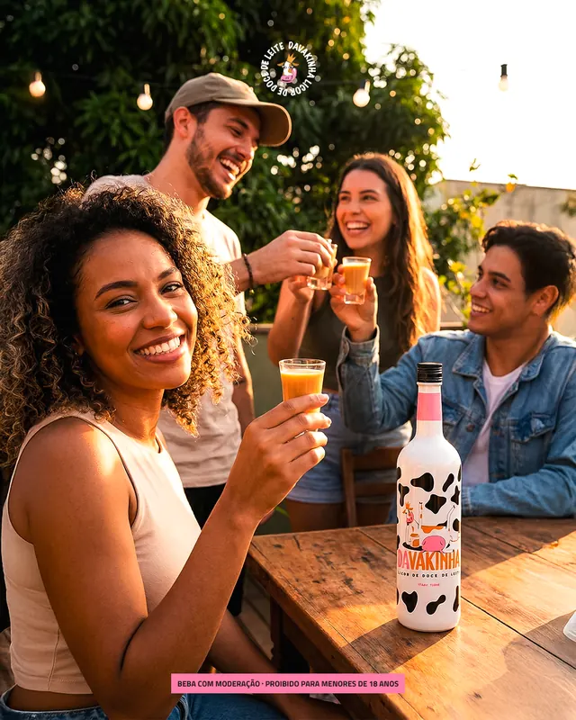 Amigos brindando com Davakinha numa mesa ao ar livre